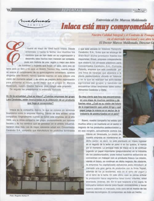 Entrevista al Dr. Marcos Maldonado: INLACA está muy comprometida con la calidad de sus productos”. 3 págs.