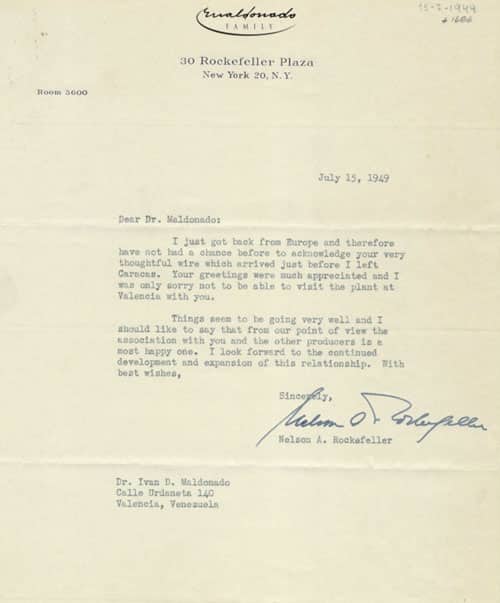 Carta de Nelson A. Rockefeller para Iván D. Maldonado, New York, 1 pág.
