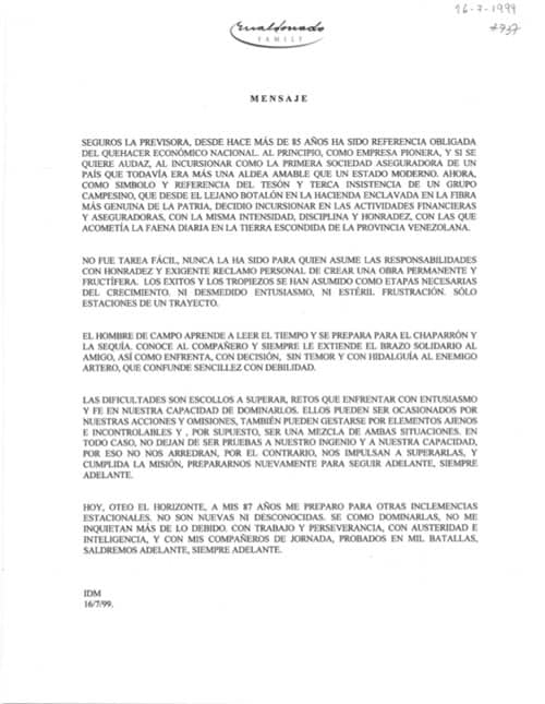 Mensaje del Dr. Iván Darío Maldonado sobre Seguros La Previsora. 1 pág.